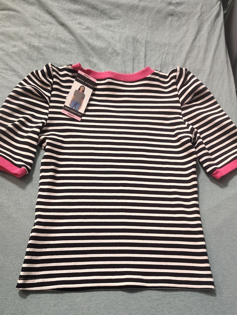 Rebecca Minkoff Black & White Striped Tee with Pink Trim Puffed Sleeves - Picture 5 of 6